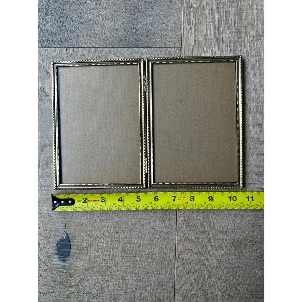 Vintage Ornate Gold Double Photo Frame Bifold Standing Metal 5x7 Hinged 2-Way